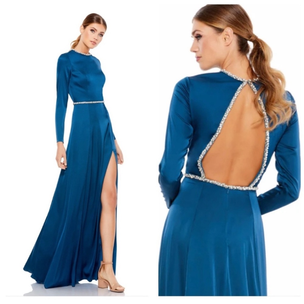 Ieena for Mac Duggal 26524 NWT Evening Gown Sapphire Blue Crystal Trim Size 6